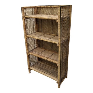 Vintage Boho Chic Coastal Folding Woven Wicker Bookcase For Sale