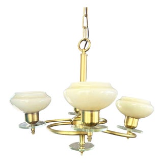 Scandinavian Art Deco Brass Four-Light Chandelier W/ Opaline Glass Shades For Sale