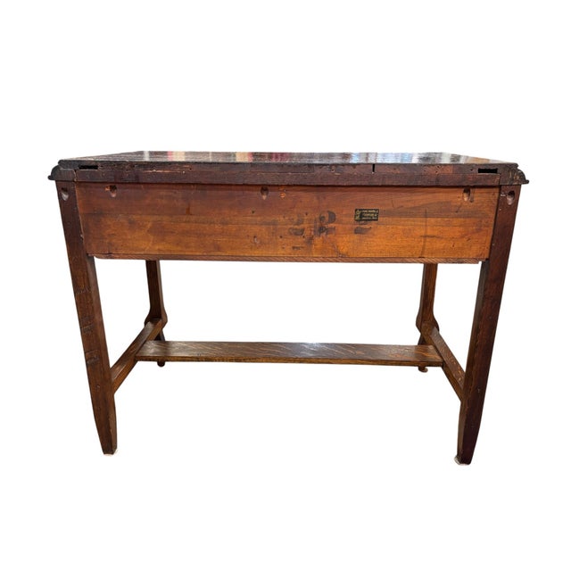 Early 20th Century Figured Oak Two-Drawer Writing Table With Stretcher Base Circa 1920 For Sale - Image 4 of 12