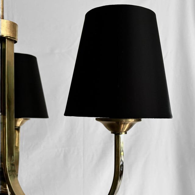 Metal Scandinavian Modernist Brass Chandelier with Three Black Shades, Denmark, 1930s For Sale - Image 7 of 11