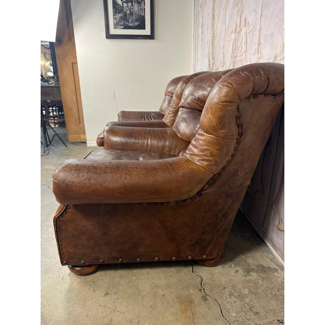 Brown Pair of English Library Club Chairs in Hand-Finished Cognac Leather For Sale - Image 8 of 18