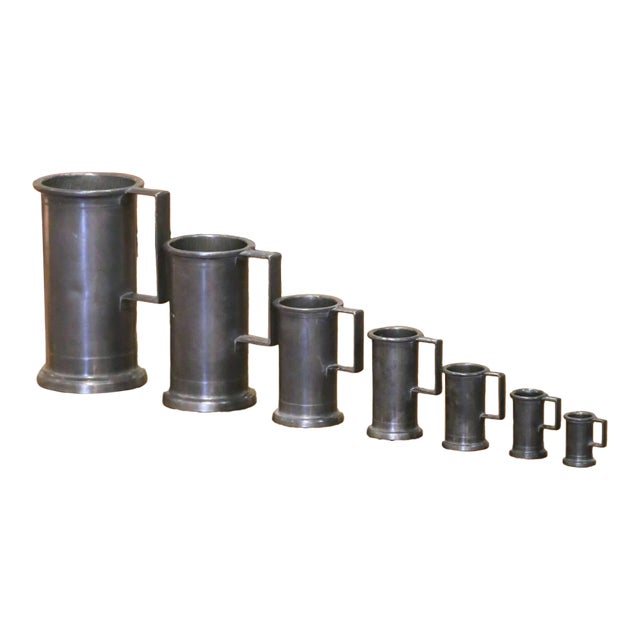 Late 20th Century French Graduated Pewter Measures With Handles, Set of 7 For Sale