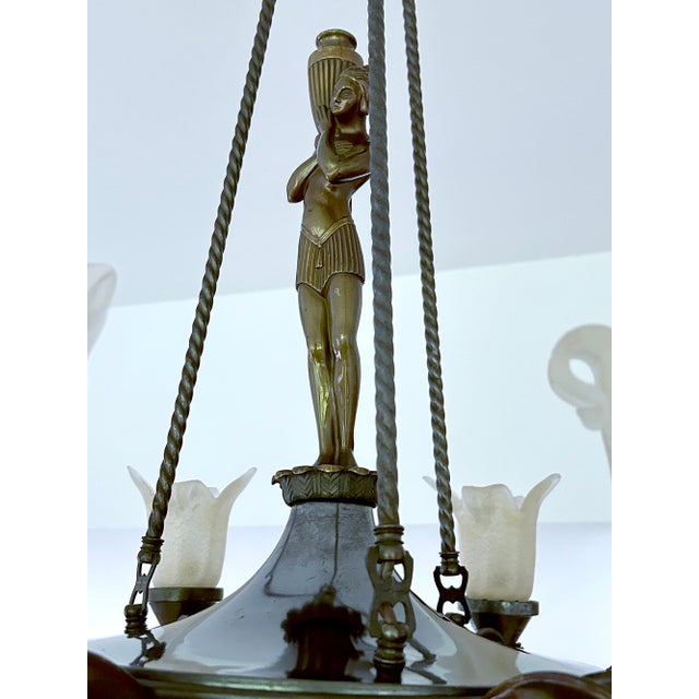 Large Art Deco Sculptural Chandelier in Bronze and Glass, 1930s For Sale - Image 16 of 18