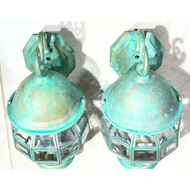 Metal Funky Vintage Pair of Solid Brass Verdigris Wall Lanterns - 14”h X 7” W X 8”.5 D For Sale - Image 7 of 17