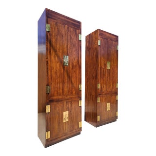 1970s Henredon Scene One Campaign Style Chifferobe Cabinets - a Pair For Sale