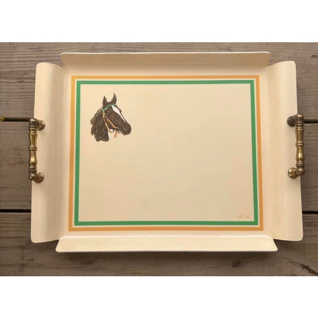 Cream Vintage Signed Equestrian Horse Serving Tray With Brass Handles, 20.5” For Sale - Image 8 of 11