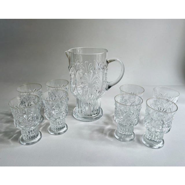 Set of Eight Adams Clear raised Fan Design Pedestal Glasses with matching Beverage Pitcher. Water. Lemonade. Juices....