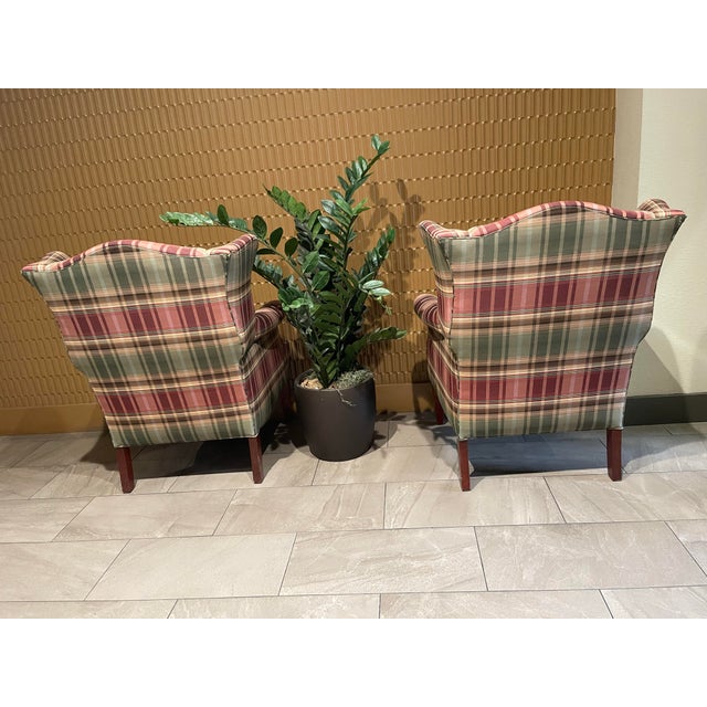 Dark Green Custom Calico Corners Tartan Plaid & Wood Wingback Chairs, English Country - A Pair For Sale - Image 8 of 12