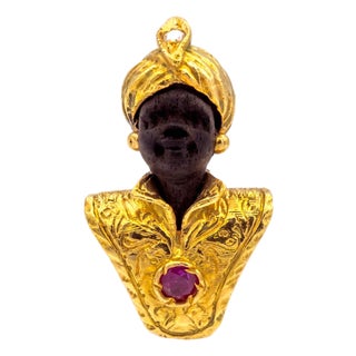 Vintage Blackamoor Gold, Ruby & Diamond Pin Brooch — 14k & 18k Yellow Gold For Sale