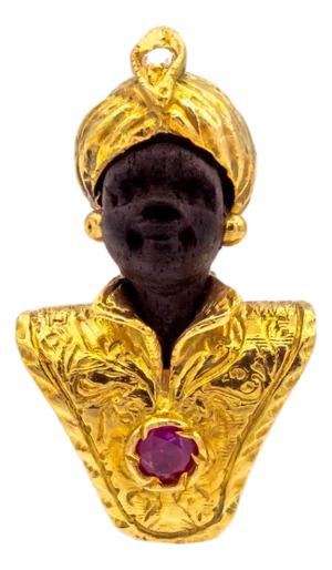 Vintage Blackamoor Gold, Ruby & Diamond Pin Brooch — 14k & 18k Yellow Gold