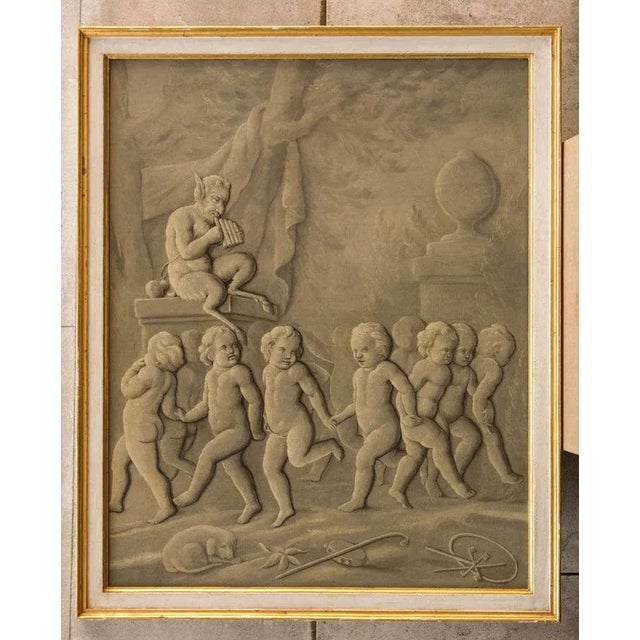Late 18th century French Grisaille Painting, oil on canvas. Mythological scene with the Greek God Pan and dancing putto...