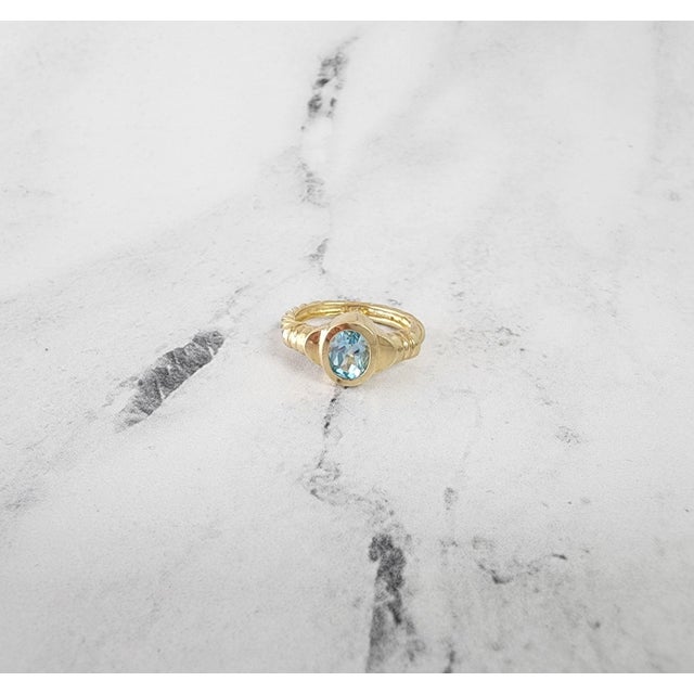 Contemporary Oval Blue Topaz Solitaire Ring 14k Yellow Gold, Size 8 For Sale - Image 3 of 5