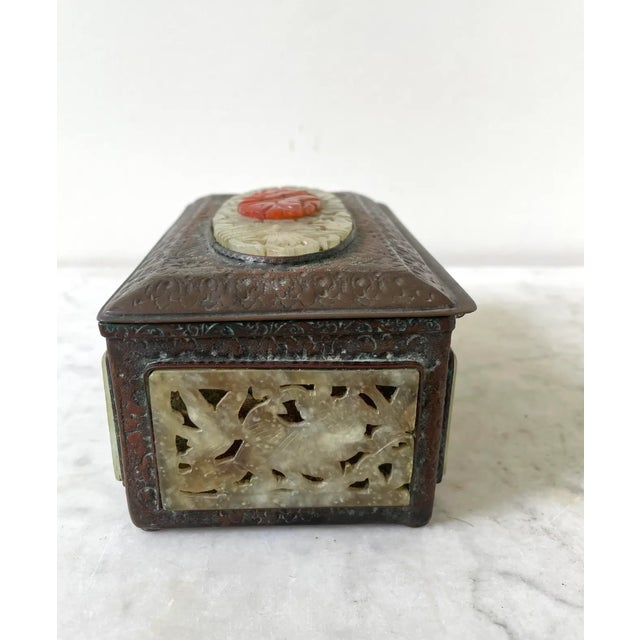 Jade Rare Chinoiserie 19th Century Carved Jade and Carnelian Copper Box For Sale - Image 8 of 10