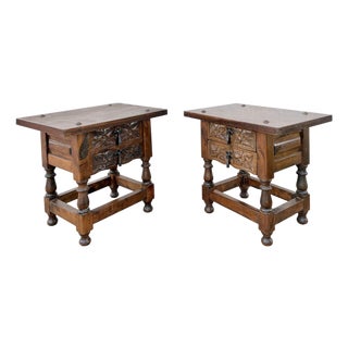 Pair of Spanish Carved Wood Bedside Tables With Floral Drawers, Mid-20th Century For Sale