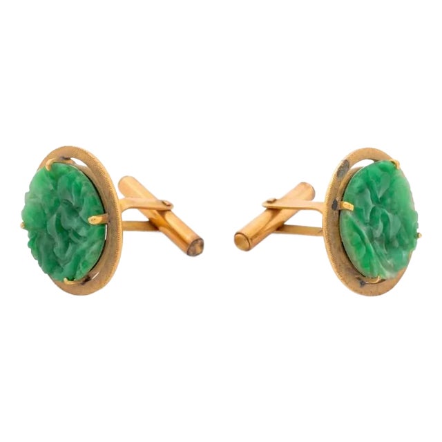 14k Yellow Gold Apple Green Jadeite Cufflinks For Sale