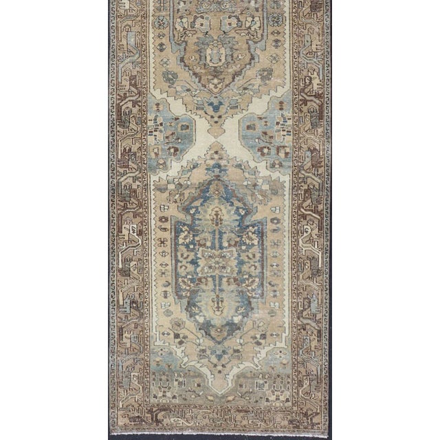 Textile Early 20th Century Antique Persian Malayer Runner With Geometric Medallion Design in Blue and Tan For Sale - Image 7 of 11
