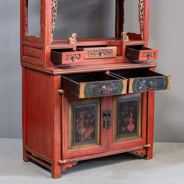 Early 20th Century Antique Carved and Painted 2 Piece Chinese Lacquered Cabinet For Sale - Image 5 of 12