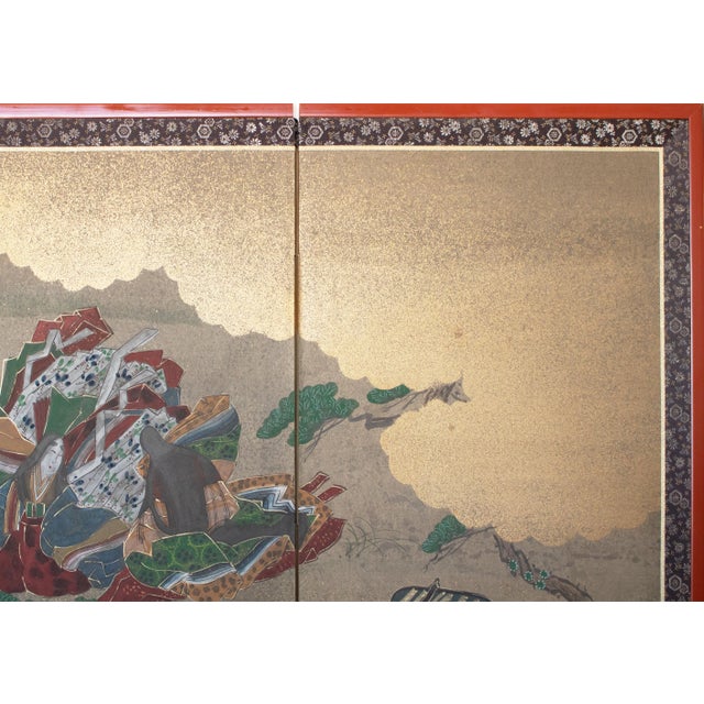"Dancing Kimono Beauties", C. 1960s Shōwa Era Yamato-E Style Painted Byobu Screen For Sale - Image 10 of 18