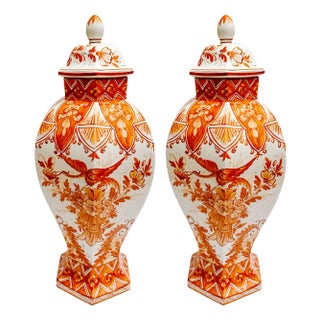 1980 Nove Italy for Wellington Hall Tall Chinoiserie Lidded Hexagonal Jars - A Pair For Sale