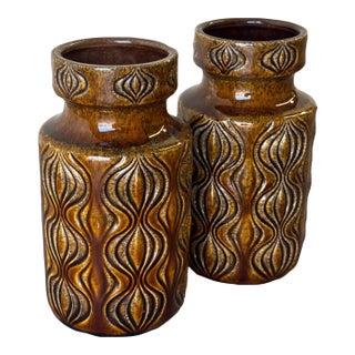 Vintage Scheurich West German Pottery Vases – Mid-Century Fat Lava Ceramic Pair, Brown Drip Glaze For Sale