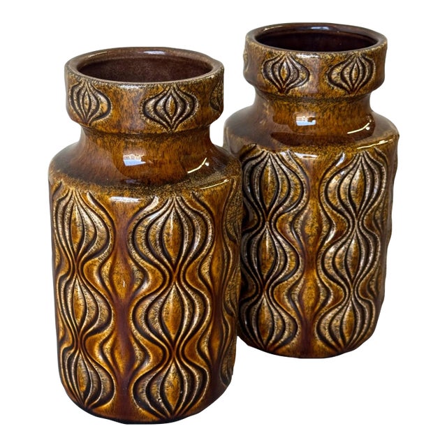 Vintage Scheurich West German Pottery Vases – Mid-Century Fat Lava Ceramic Pair, Brown Drip Glaze For Sale