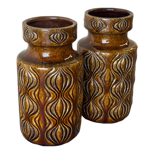 Vintage Scheurich West German Pottery Vases – Mid-Century Fat Lava Ceramic Pair, Brown Drip Glaze