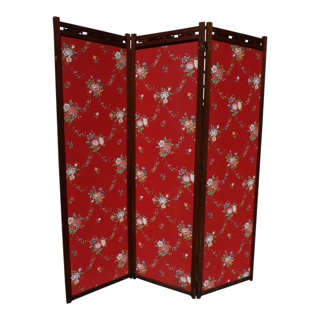 Vintage 3 Panel Folding Room Divider Double Sided Privacy Dressing Screen For Sale