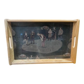 Vintage Needlepoint Golf Wooden Tray For Sale