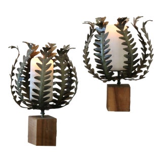 Pair of Vintage Italian Toleware Metal and Wood Fern Candle Holders For Sale