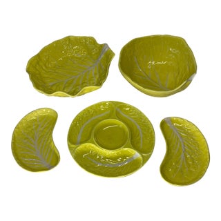 Vintage Secla Yellow Cabbage Leaf Serving Bowl, Relish Dish, and Kidney Plates - Set 5 Pieces For Sale