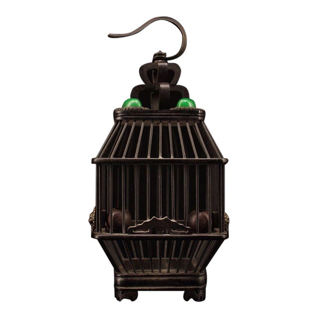 Late 19th Century Ebony Wood Cricket Cage With Gemstone Inlay, 200g, 9" Tall For Sale