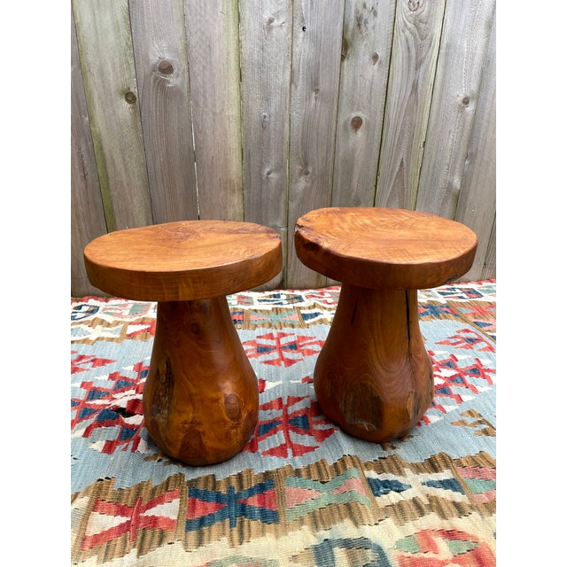 Mid 20th Century Rustic Solid Teak Wood Mushroom Tables - a Pair For Sale - Image 4 of 12