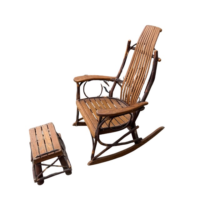 Late 20th Century Handcrafted Rustic Hickory Twig Rocking Chair With Matching Footstool Adirondack Lodge Style For Sale - Image 4 of 18
