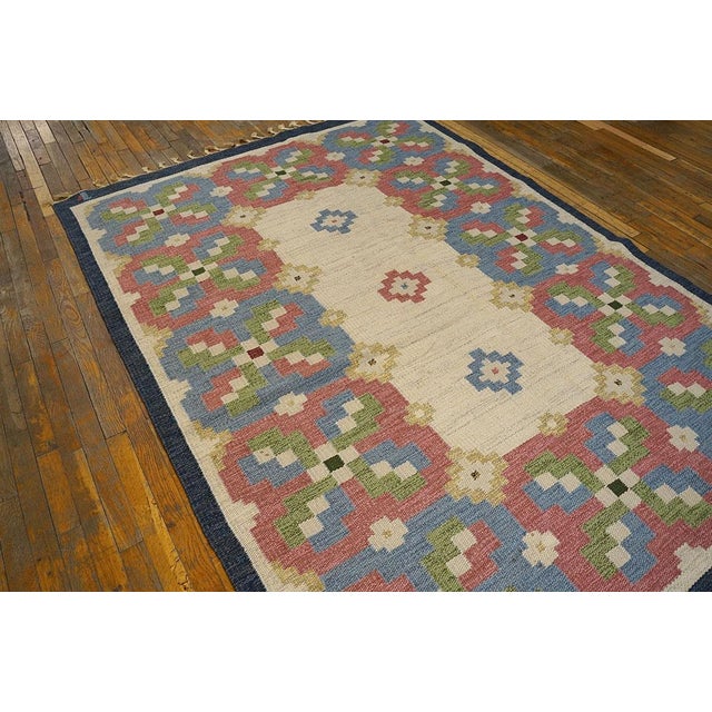 Mid-Century Modern 1960s Ivory Geometric Vintage Swedish Scandinavian Flat Weave Kilim Rug 5'9" X 8' by Judith Johansson Wool Carpet For Sale - Image 3 of 7