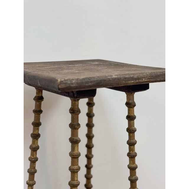 Petite Antique Spool Leg Side Table Two Tier Plant Stand, Pedestal, Wooden Top For Sale - Image 14 of 14
