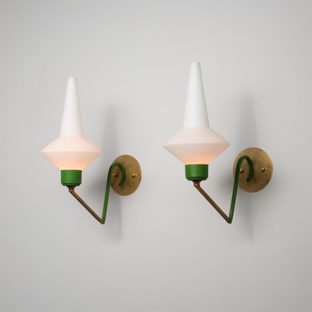 Large Italian Brass and Green‑Lacquered Wall Lamps with Opaline Glass Shades, 1950s, Set of 2 For Sale - Image 11 of 12