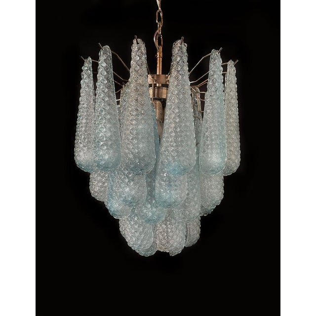 Pair Italian vintage Murano chandeliers made by 41 glass petals (light blue crystal, smooth outside, with powder and then...