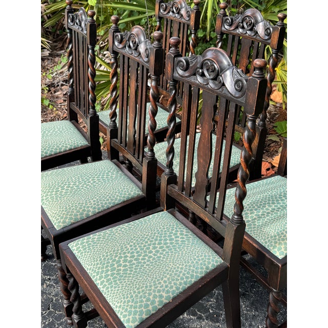 Antique Set of Six Barley Twist Dining Chairs With Teal Leopard Upholstery For Sale - Image 11 of 11