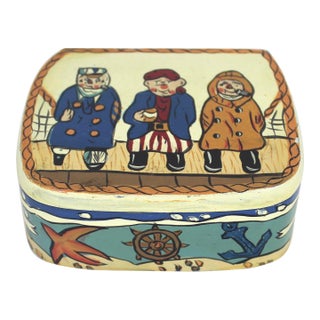 Vintage Hand Painted Fisherman Captain Sailor Wood Trinket Box For Sale