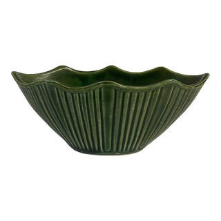 Vintage Green Ceramic Ribbed Planter For Sale