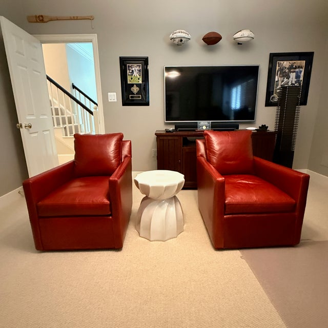 CR Laine Red Leather Chairs A beautiful shade of red in a modern club chair with straight arms and double stitching. 27” x...