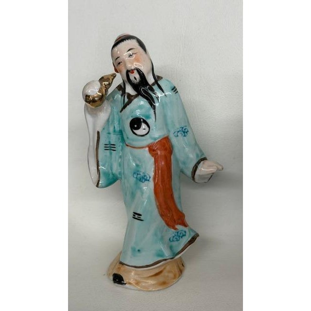Fu Xing Chinese Ceramic Figurine Hand Painted Blue Robes With Golden Gourd 5024b For Sale - Image 11 of 11