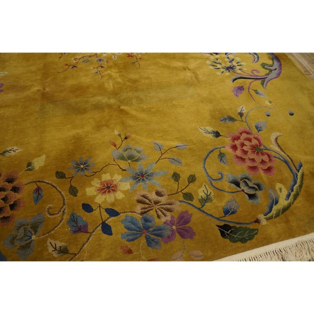 Saffron 1920s Yellow Floral Antique Chinese Art Deco Rug 8'8"x11'4" Knotted Wool Carpet For Sale - Image 8 of 9