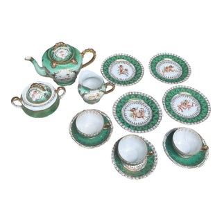 Vintage Austria Ceramic Green Tea Set - 15 pcs For Sale