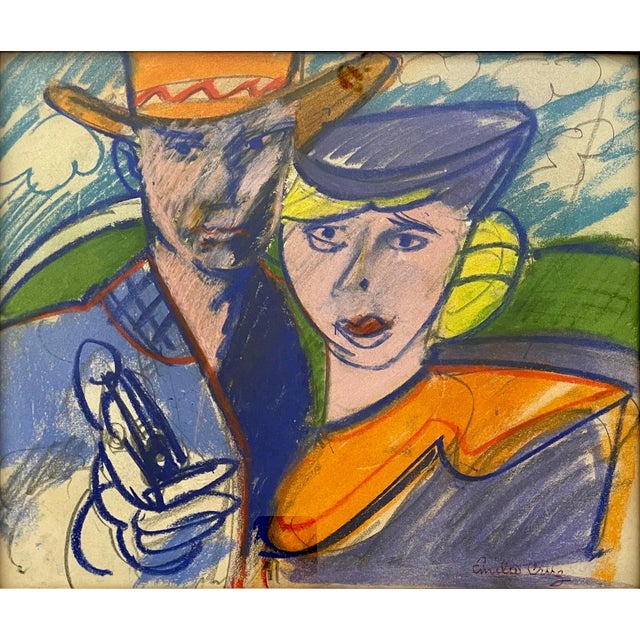 Emilio Cruz, Cuban Artist Pastel Drawing African American Emilio Cruz Bonnie & Clyde Painting For Sale