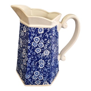 Antique English Calico Blue & White Floral Stoneware Pitcher For Sale