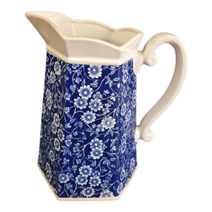 Antique English Calico Blue & White Floral Stoneware Pitcher