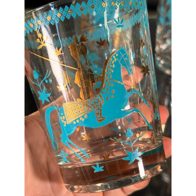 Mid Century Cera Persian Polo Equestrian Rocks Glasses in Turquoise and Gold c.1960s - Set of 4 For Sale In Providence - Image 6 of 8
