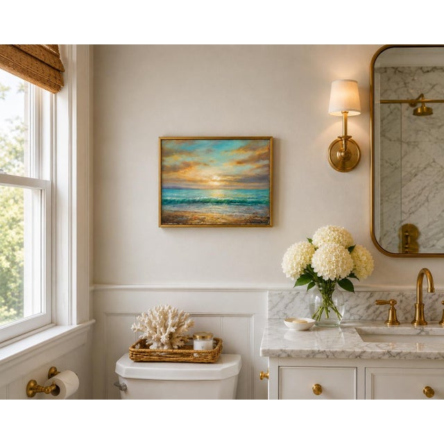 Nautical Ocean Sunrise by Eric Son | Beach Seascape Original Oil Painting 12 X 16" For Sale - Image 3 of 3