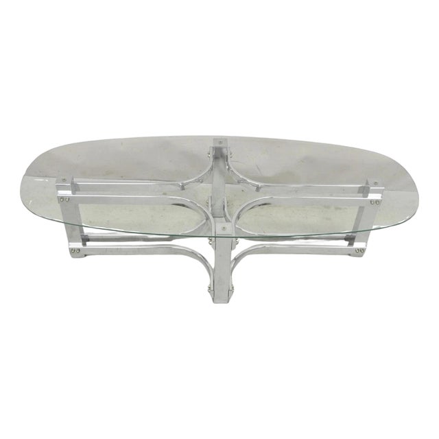 Vintage Mid Century Modern Oval Glass Top Sculptural Chrome Frame Coffee Table For Sale